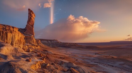 A mesmerizing shot of a remote desert plateau with surreal, wind-carved rock formations and a rare, vivid planetary alignment creating a celestial arch over the arid landscape