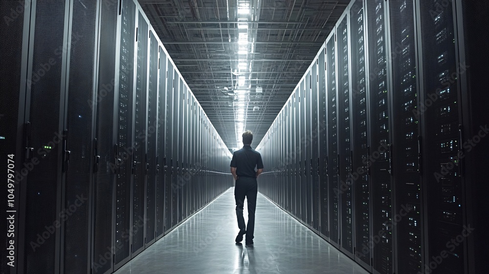 Poster Data center maintenance staff running system checks on secure server infrastructure Stock Photo with side copy space