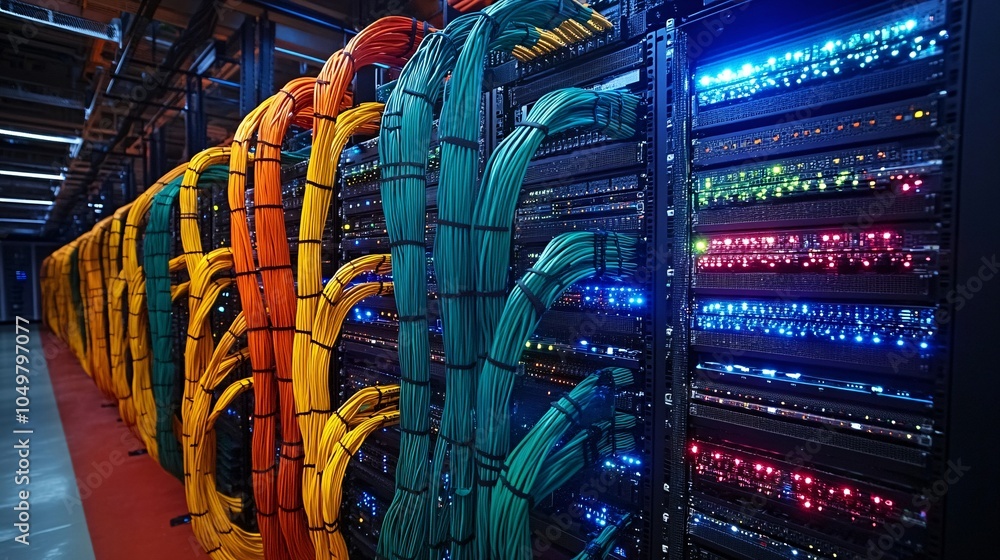 Poster Server room with large storage arrays and fiber optic cables for high-speed data transfer Stock Photo with side copy space