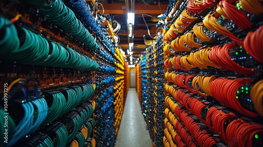 Poster Server room with large storage arrays and fiber optic cables for high-speed data transfer Stock Photo with side copy space
