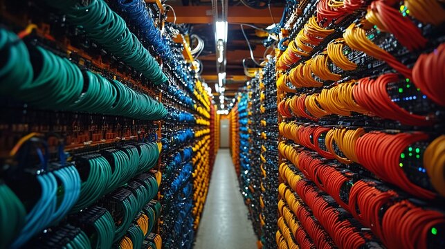 Server room with large storage arrays and fiber optic cables for high-speed data transfer Stock Photo with side copy space
