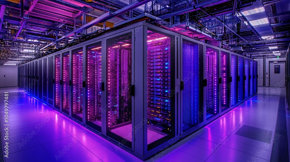Poster Mainframe storage systems with blinking lights indicating data processing in a secure server room Stock Photo with side copy space