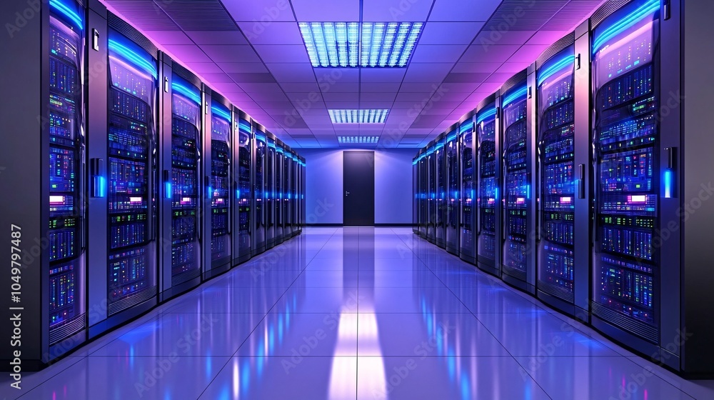 Aufkleber Mainframe storage systems with blinking lights indicating data processing in a secure server room Stock Photo with side copy space
