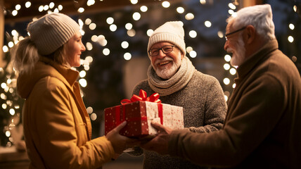  Adults exchanging presents under twinkling lights smiling during Christmas Eve 