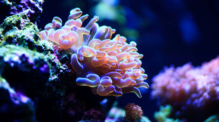 Fototapeta premium Close-up of a vibrant coral reef with blue, orange, and purple hues.