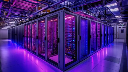 Mainframe storage systems with blinking lights indicating data processing in a secure server room Stock Photo with side copy space
