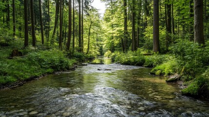 Fototapeta premium A tranquil forest stream softly blurred, creating a serene backdrop with plenty of copy space for inspiring quotes or messages.