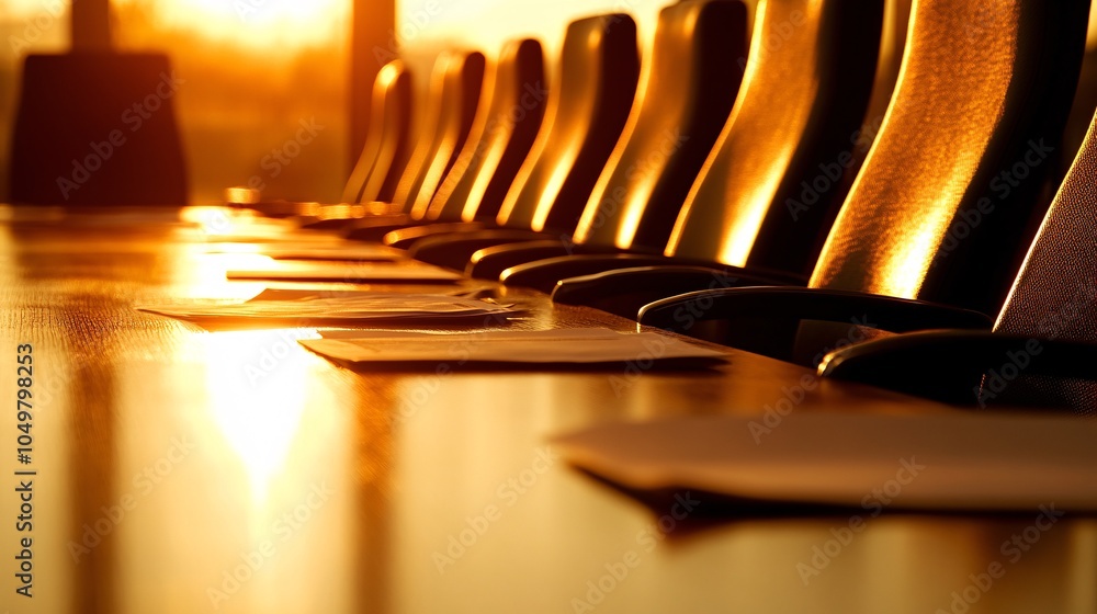 Poster Boardroom scene with tense body language as documents are discreetly passed between executives Stock Photo with side copy space