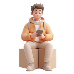 A cartoon-style young man sits on boxes, absorbed in his smartphone, dressed casually in a cozy hoodie and relaxed outfit, PNG isolated on transparent background, white background.
