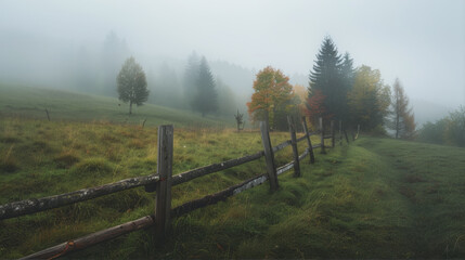 Obraz premium Old fence in a foggy autumn field 