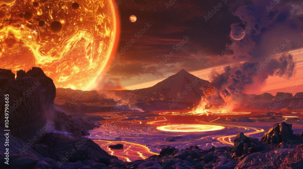 Poster a mesmerizing shot of a remote volcanic lava lake with intense lava flows and a rare, vivid planetar