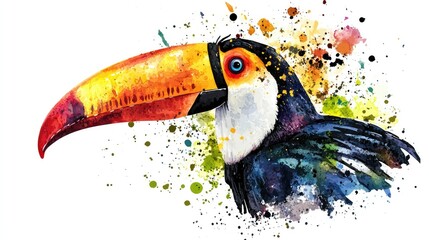 Obraz premium A vibrant watercolor illustration of a toucan with a colorful beak, painted in striking shades of black, yellow, and red, isolated on a white background