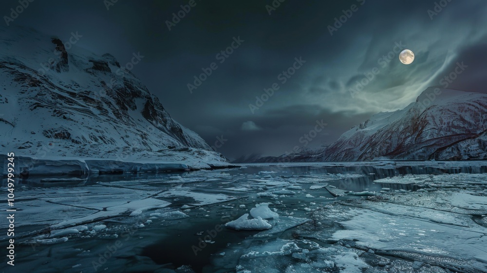Poster a mesmerizing shot of an isolated fjord with rare ice formations and a stunning lunar eclipse castin