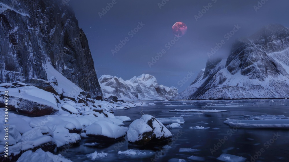 Poster a mesmerizing shot of an isolated fjord with rare ice formations and a stunning lunar eclipse castin