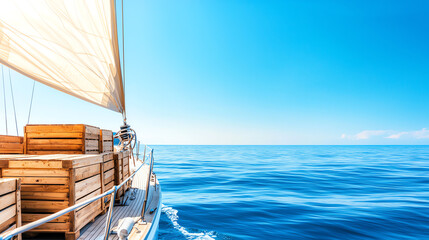Obraz premium A cargo sailboat filled with wooden crates, sailing smoothly across serene waters, clear blue sky backdrop, detailed view of sails and wooden textures, evoking a classic, artistic