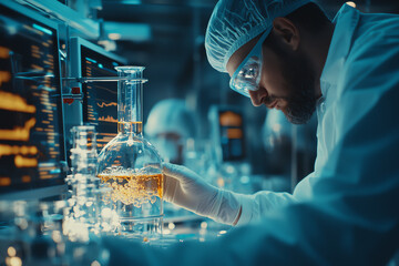 Scientists analyzing a complex glass distillation apparatus with bubbling chemicals, surrounded by digital displays