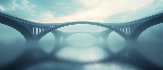 A bridge spans a river with fog in the background