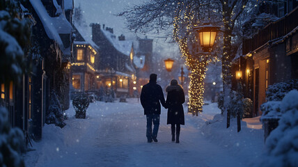 Obraz premium Adults walking through a snowy town chatting during evening 