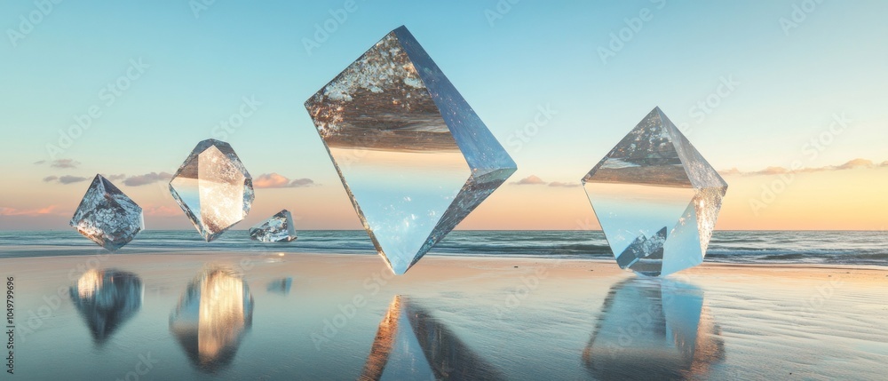 Poster a beach scene with a large cube in the middle