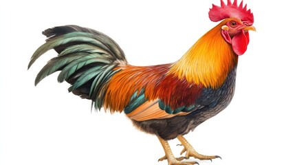 A vivid watercolor of a rooster with a bright red comb and multicolored feathers, painted with fine details and isolated on a clean white background