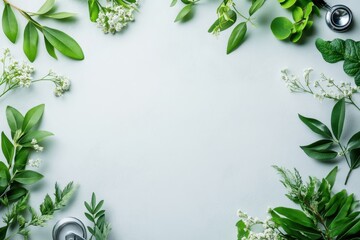 Natural green foliage and white flowers arranged on a light background for wellness or health themes