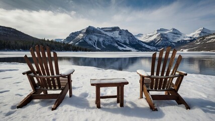 lake in the mountains with chairs 