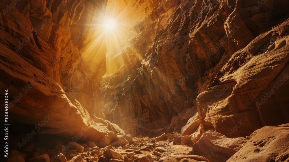 Poster a mesmerizing view of a high-altitude desert canyon with dramatic, sculpted rock formations and a ra