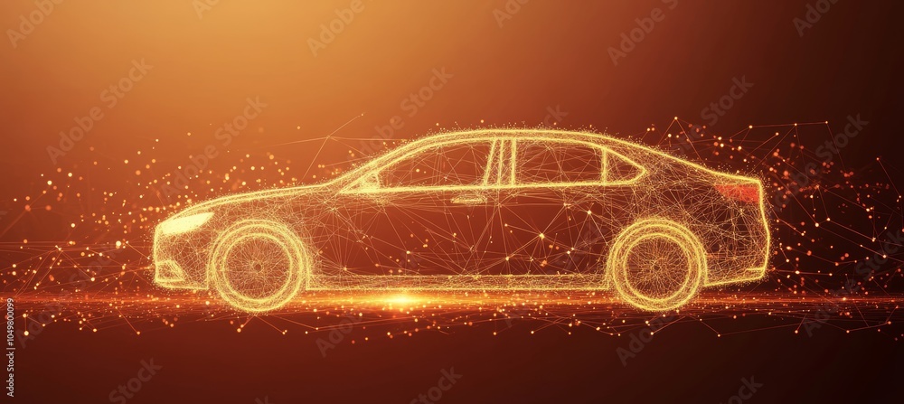Poster abstract illuminated low ploy golden car with connecting dots and lines on an orange background.