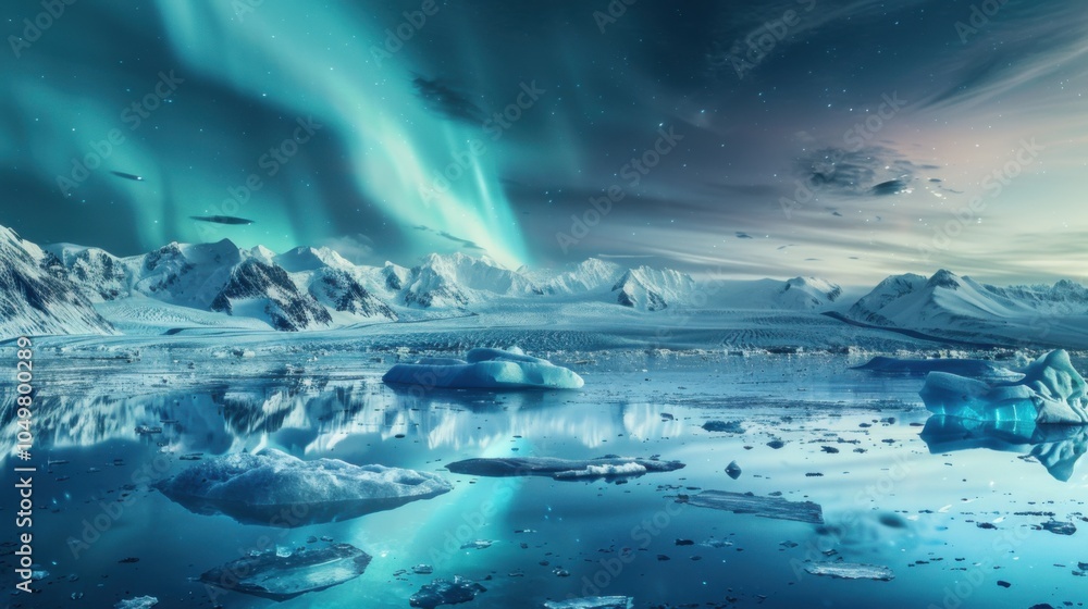 Poster a mesmerizing view of a high-altitude glacier lagoon with enormous, reflective icebergs and a rare, 