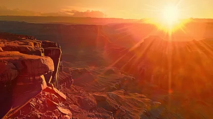 Fototapeten A mesmerizing view of a high-altitude desert canyon with dramatic, sculpted rock formations and a rare, vivid solar flare creating dynamic light patterns across the arid landscape © ArpPSIqee