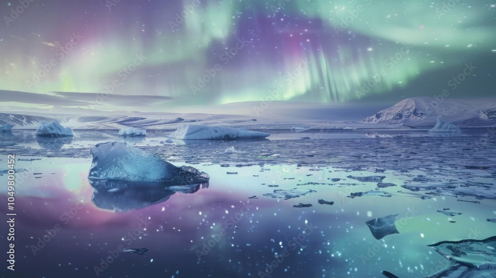 Poster a mesmerizing view of a high-altitude glacier lagoon with enormous, reflective icebergs and a rare, 