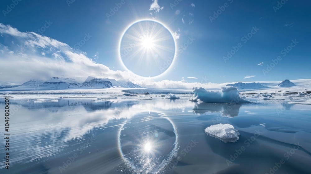 Poster a mesmerizing view of a high-altitude glacier lagoon with floating, translucent icebergs and a rare,