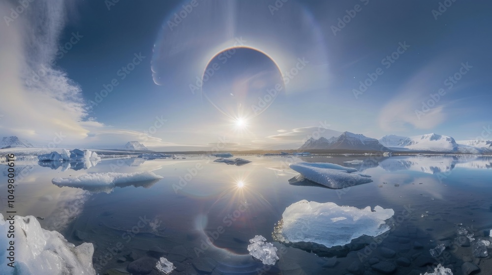 Poster a mesmerizing view of a high-altitude glacier lagoon with floating, translucent icebergs and a rare,