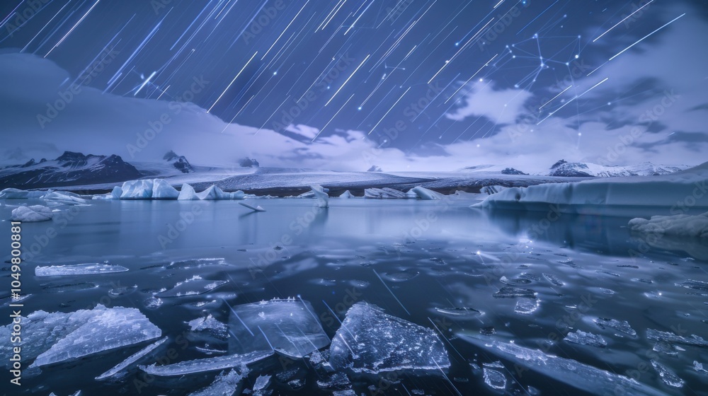 Poster a mesmerizing view of a high-altitude glacier lagoon with floating, translucent icebergs and a rare,