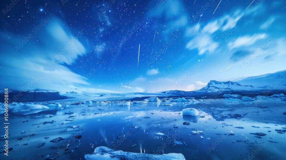 Poster a mesmerizing view of a high-altitude glacier lagoon with floating, translucent icebergs and a rare,