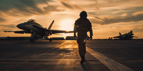 A man in military uniform against the background of fighter jets on the runway
