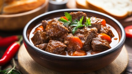 Fototapeta premium Delicious Goulash with Paprika and Rustic Presentation