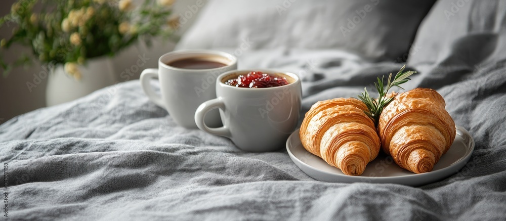 Poster breakfast on grey bed linens two cups of coffee and croissants with jam good morning surprise idea s