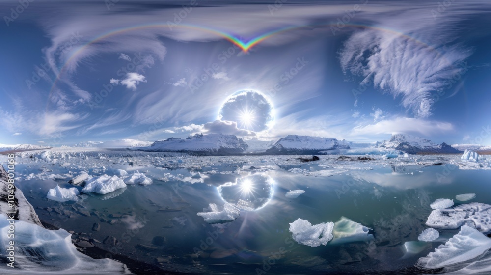 Poster a mesmerizing view of a high-altitude glacier lagoon with floating, translucent icebergs and a rare,