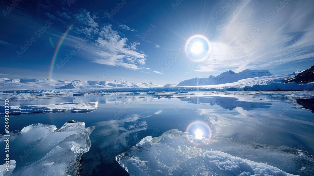 Poster a mesmerizing view of a high-altitude glacier lagoon with floating, translucent icebergs and a rare,