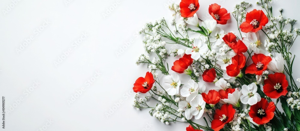Leinwandbilder Bouquet of red and white spring blooms on a white background top view. with copy space image. Place for adding text or design