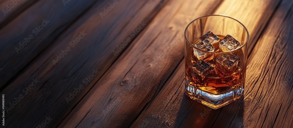 Poster Glass of whiskey with ice cubes on a wooden surface. with copy space image. Place for adding text or design