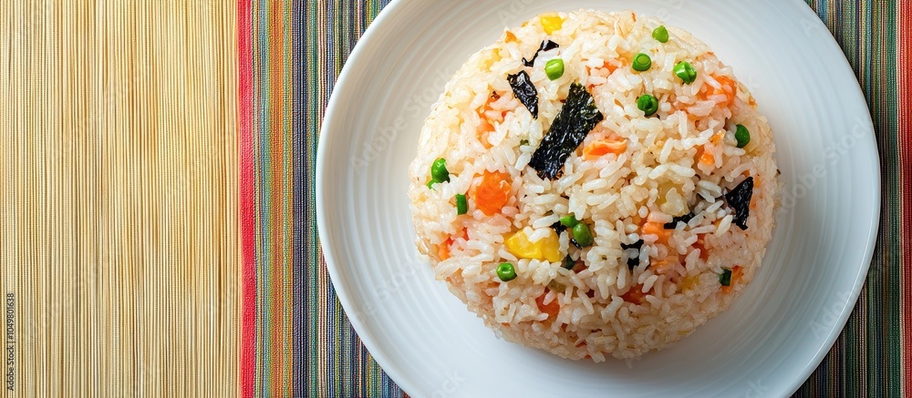 Leinwandbilder fried rice shaped in a round form on a white plate accompanied by a vibrant tablecloth toppings incl