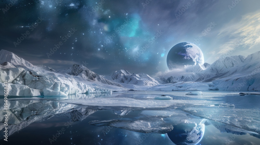 Poster a mesmerizing view of a high-altitude glacier lake with floating, translucent icebergs and a rare, d