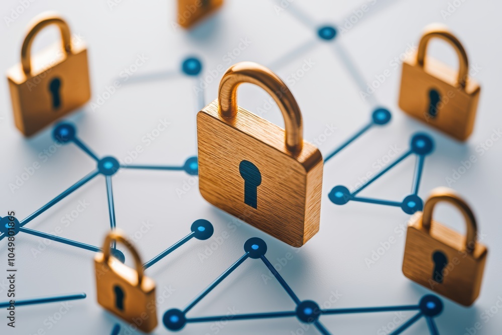 Poster digital security lock highlighted in a glowing blue grid, surrounded by data connections and secure 