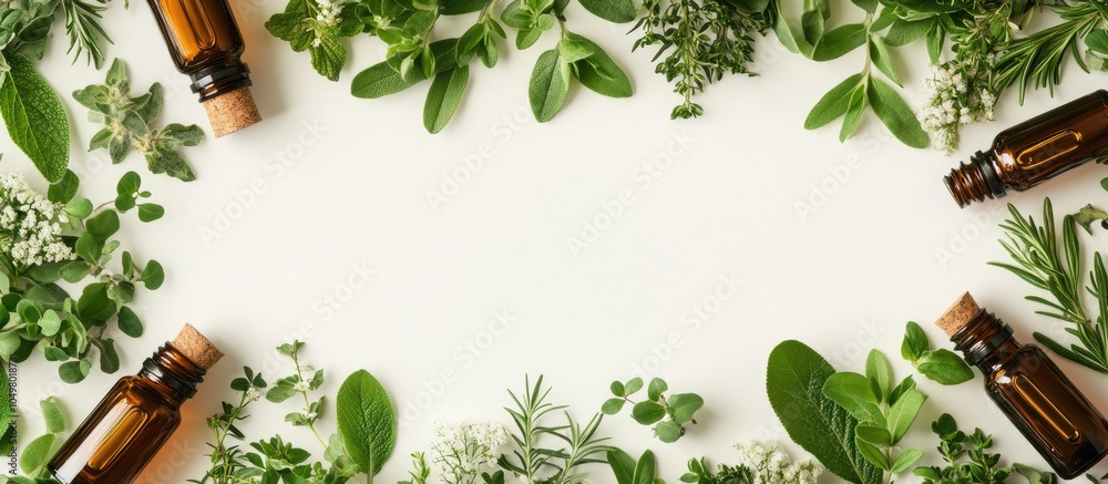 Poster Natural wellness Essential oils alongside herbs and leaves on a white background top view creating a patterned frame with copy space