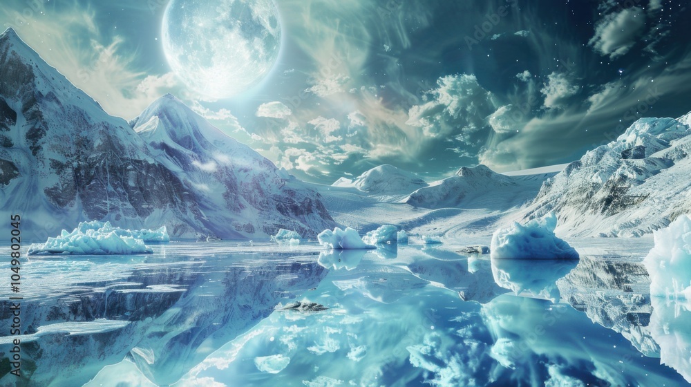 Aufkleber a mesmerizing view of a high-altitude glacier lake with floating, translucent icebergs and a rare, d