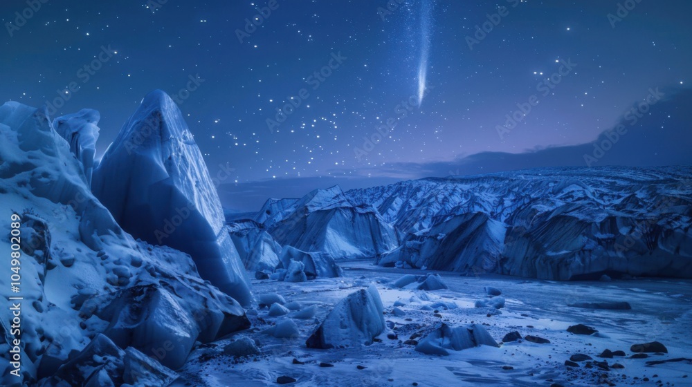 Poster A mesmerizing view of a high-altitude glacier with angular, jagged ice formations and a rare, bright comet streaking across the twilight sky