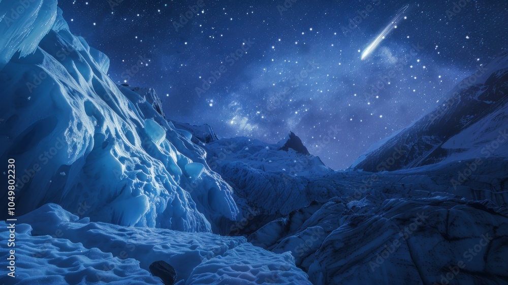 Poster A mesmerizing view of a high-altitude glacier with angular, jagged ice formations and a rare, bright comet streaking across the twilight sky