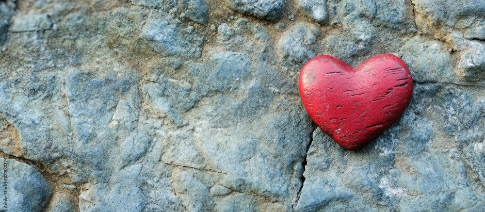 Poster Red heart symbolizing love on a rough stone surface Abstract background for Saint Valentine. with copy space image. Place for adding text or design